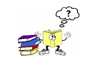 cartoon book with question mark standing by a stack of books