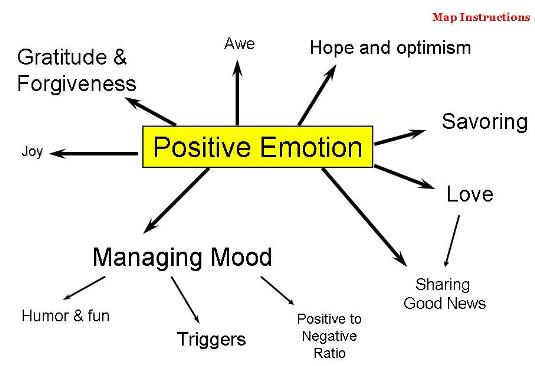 Positive emotion map with gratitude, awe, hope and optimis, savoring, love, sharing good news, managing mood, and joy as related to positive emotion